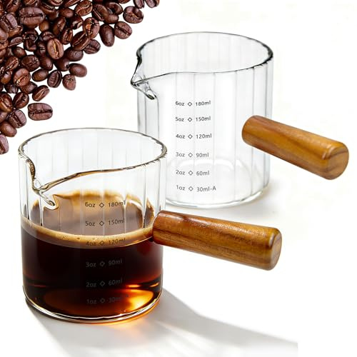 Anhow 180ml Espresso Messbecher mit Holzgriff, Borosilikatglas Cup 2er | Klein Milchkännchen, Messbecher Klarglas mit V-förmiger Ausguss, Espresso Zubehör Perfekt für Zuhause, Büro und Café