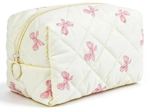 VOOSFSIE Make Up Tasche für Schule, Baumwolle Kosmetiktasche Aesthetic Make up Tasche mit Reißverschluss, Reise Kosmetiktasche Klein, für Damen Reise Alltag Schule (Cremeweiß)