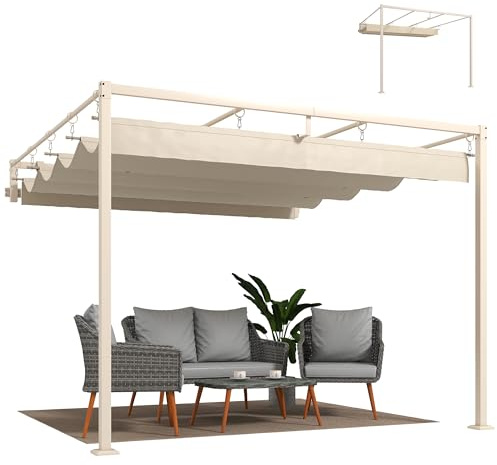 Outsunny Gazebo Pergola Addossata 3x3 m con Tetto Retrattile Scorrevole, Fori di Drenaggio, Pergolato da Giardino in Poliestere e Acciaio, per Patio, Terrazzo, Esterno, UV30+, Beige