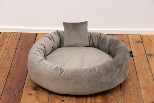 Rohrschneider Kuschelinsel Velvet Haustierbett, Samt, Runde Liegefläche, Herausnehmbares Kissen, Abnehmbar, Antirutsch, mit Dekokissen (Taupe, M)
