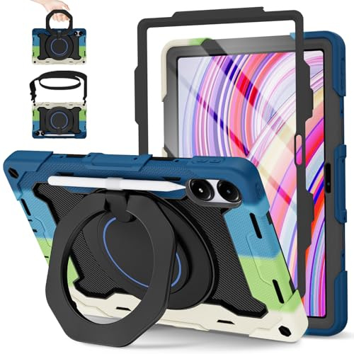 ROISKIN per Redmi Pad 2 Pro 2025/Redmi Pad Pro 2024/Poco Pad M1 12,1 con pellicola protettiva, supporto girevole, tracolla, portapenne, custodia resistente agli urti, per bambini, blu
