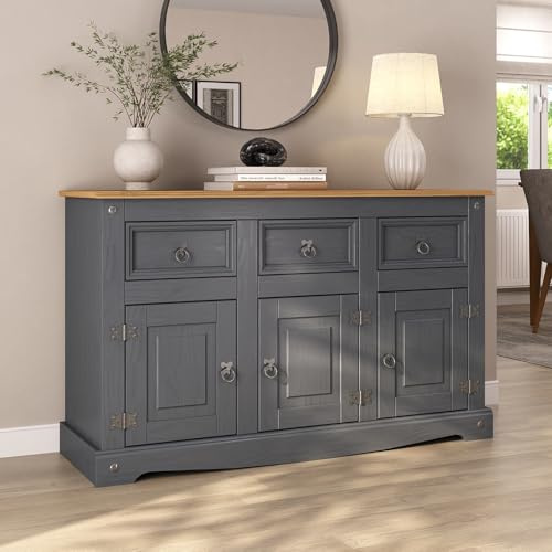 Corona Sideboard Charcoal Grey 3 Door 3 Drawer Solid Pine Wood Painted Wooden Storage Cabinet