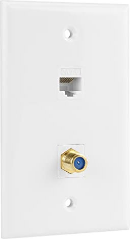 Ethernet Coax Wall Plate, 1 Port Cat 6 RJ45 Keystone and 1 Port TV Coax F Type Keystone Wall Plate (2 x Screws Included)