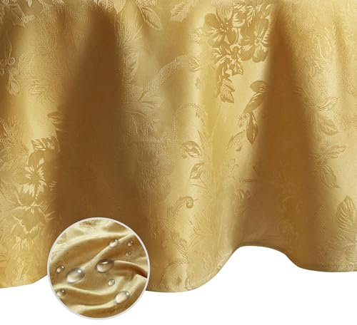 Elrene Home Fashions Poinsettia Elegance Jacquard Holiday Tablecloth, 60 x 84 Oval, Gold