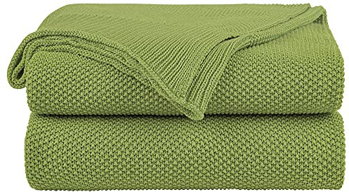 PiccoCasa 100% Cotton Knit Throw Blanket,Solid Lightweight Decorative Throws and Blankets,Soft Knitted Throw Blanket for Sofa Couch, Grass Green 50 x 70