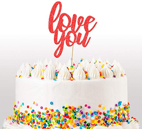Cakeshop Valentines Glitter Cake Topper, I Love You Cake Topper Decoration, Anniversary - Double Sided 400gsm Glitter Card, Choice 14 of Colours and Loads of Styles (Red)