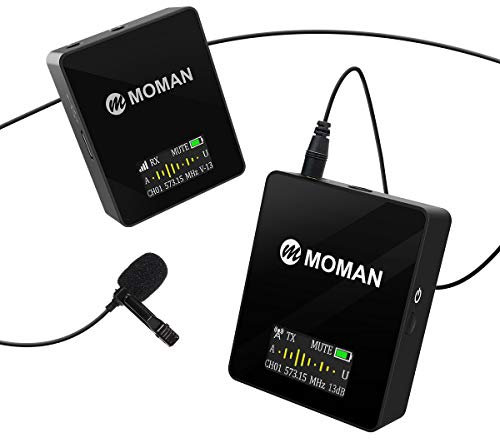 Moman Lavalier Funkmikrofon, Kabellos Ansteckmikrofon System, Wireless Microphone Mics, UHF 36-Kanäle, 70m Reichweite, Echtzeit-Überwachung für Interview DV Kamera DSLR Canon Sony Nikon Panasonic C1