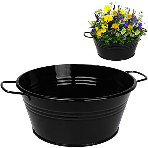 alles-meine.de GmbH 2 Stück Metall - Blumentöpfe/Pflanzkübel/Pflanzschale - schwarz - 25 cm - RUND - frostsicher - MITTEL groß - mit Henkel - Eimer/Dekotöpfe - Übertöpfe ..