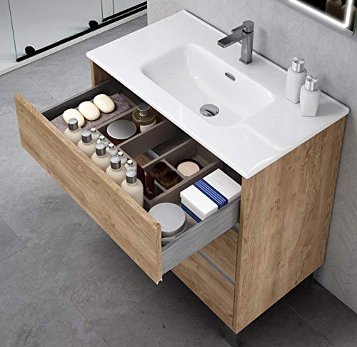 Mueble de Baño a Suelo con Lavabo Cerámico Escorpio | 3 cajones con Cierre Amortiguado y Organizador| Guías Hettich (70 cm, Roble Natural)