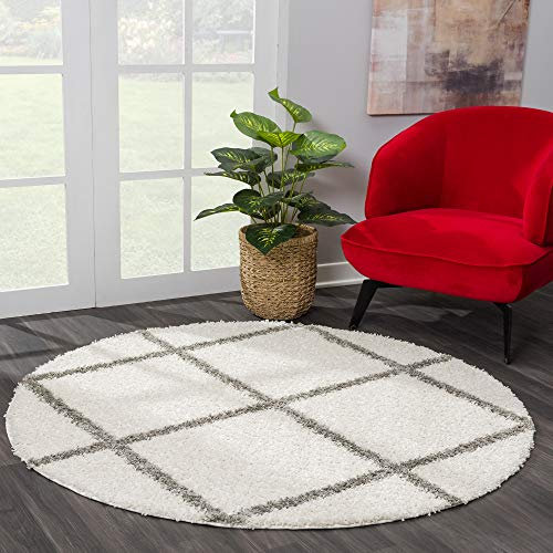 SANAT Madrid Shaggy Teppich Rund - Hochflor Teppiche für Wohnzimmer, Schlafzimmer, Küche - Creme, Größe: 80 cm