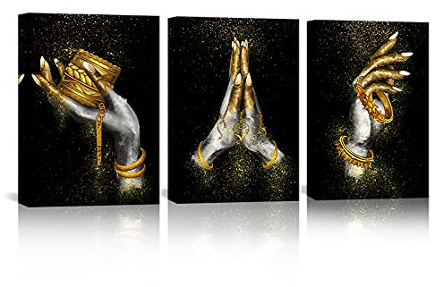 SkenoArt Afrikanische Wandkunst Frauen Mädchen Hand mit Gold Zubehör Bild Leinwand Druck Mode Gold Schwarz Frau Kunst Gemälde Poster Gerahmt Home Schlafzimmer Badezimmer Dekoration