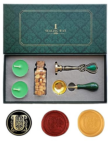 Ausgefallene Buchstaben U Wachssiegel-Stempelset, AMTOL Wachssiegel-Stempelset im europäischen Stil, Geschenkbox-Set, Vintage personalisierte Wachssiegel-Stempel für Briefkarten-Einladungen (U)