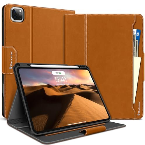 BuKoor Funda para iPad Pro de 12,9 2021/2020/2018, 5.ª/4.ª/3.ª generación, Funda de Piel sintética con portalápices, activación/Reposo automático, Cierre magnético, Ajuste Firme (marrón)
