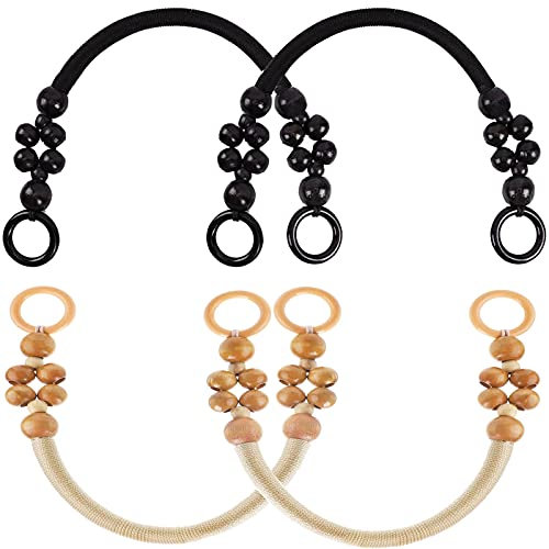4pcs Poignées de Sac à Main 47cm - Anses en Corde de Perles en Bois - Sangle de Remplacement pour Bricolage et Sacs Faits Main (Marron et Noir)