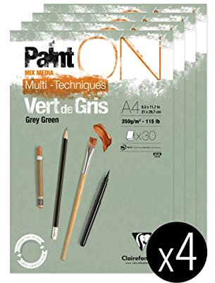 Clairefontaine 975705C - Packung mit 4 Blöcken Paint´ON Vert de gris, DIN A4, kopfseitig geleimt, 30 Blatt, 250g, grüngrau, 4 Stück