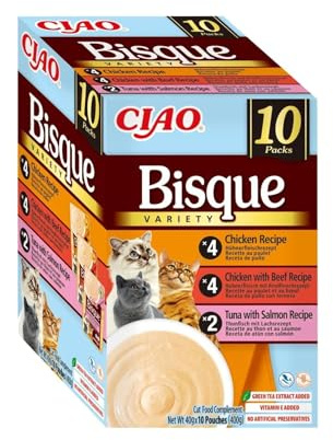 INABA CIAO Huhn und Thunfisch Bisque mit Lachs, feuchtes Futter für Katzen – leckere Creme – 10 Beutel x 40 g – Ergänzendes Katzenfutter ohne Konservierungsstoffe oder künstliche Farbstoffe, grainfrei