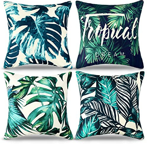 Kissenbezug 40x40 Dekokissen Sofakissen Kissen Dunkelgrün Tropische Pflanze Blätter Dekorative Kissenhülle Quadratische Leinen Natur Aesthetic Kissenhüllen Für Wohnzimmer Home Decor, 4er Set