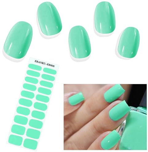 EBANKU 20PCS Gel Nail Stickers, Mint Green Gel Nail Strips Long Lasting Gel Strips for Nails UV Gel Nail Stickers with Nail File & Wooden Stick for Women Manicure