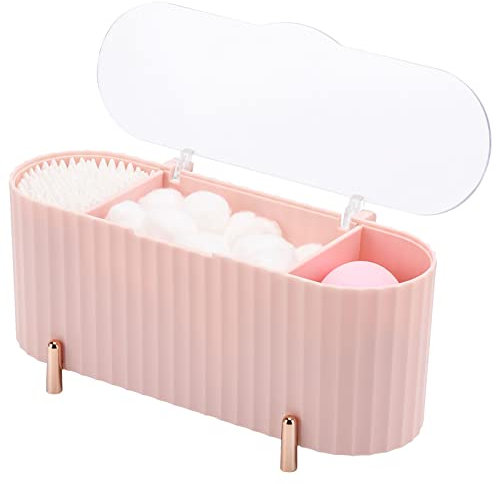 Ulovei Qtips Holder, 3 Grids Separate Cotton Swabs Dispenser, Cotton Ball Storage Box, Jar for Cotton Pads Bathroom Organizer Canisters - Pink