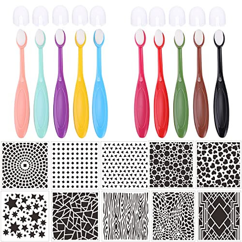 10Pcs Ink Blending Brushes Set Tool Blender Crafter Paper Crafting Background Ink Blending Brushes with 6Pcs DIY Card Making Plastic Stencils Set forCard Making for Painting,Drawing(Brush Head0.6'')