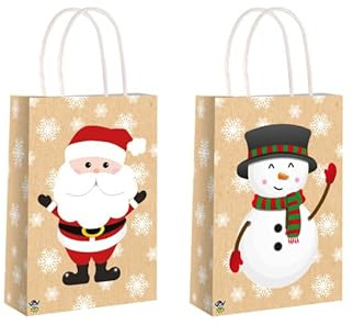 Anila's Complete Christmas Themed 10 Party Bags, Fillers & Favours – 12 Christmas Kraft Brown Paper Bag with Handles. (Ideal for Children Aged 3-8)