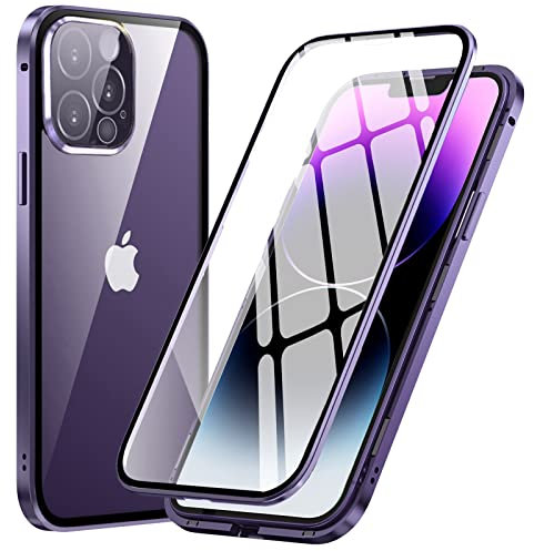 MIMGOAL for iPhone 14 Pro Max Magnetic Case 360 Degree Full Body Cover, Front and Back Tempered Glass Transparent Cover, Shockproof Protective Metal Bumper [Built-in Camera Protector], Deep Purple