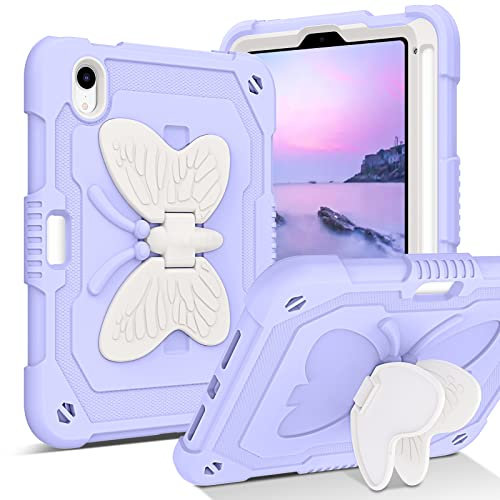 DUEDUE for iPad Mini 7th/6th Case Kids, Butterfly Wings Kickstand With Pencil Holder, Rugged Shockproof Full Body Protective Tablet Kids Case for iPad Mini (2024/2021) 8.3-Inch, Purple