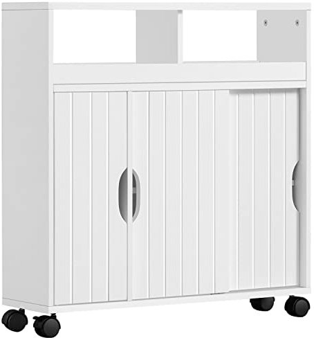Yaheetech Slim Bathroom Storage Cabinet on Wheels, Slimline Freestanding Cabinet with Sliding Doors, Narrow & Compact Toilet Paper Roll Holder with Open Shelf, White