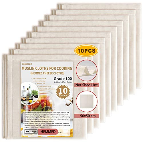 Colperun Cheesecloth, 10PCS, Grade 100, 50x50cm Hemmed Muslin Cloths for Cooking Reusable Cheese Cloths for Straining, Unbleached Cotton Cheese Cloth Muslin Fabric Strainer for Jam, Butter, Pudding