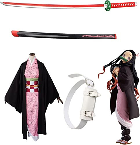Cosplay Samurai Sword, Katana Anime Samurai Cosplay Sword Demon Slayer Lame de Bambou Couteau et Costume Cosplay Kamado Nezuko Activités Accessoires avec Ceintu