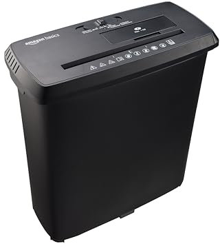 Amazon Basics Coupe croisée Broyeur de papier en bandelettes, CD et cartes de crédit, capacité 8 feuilles (Nouveau modèle), Noir