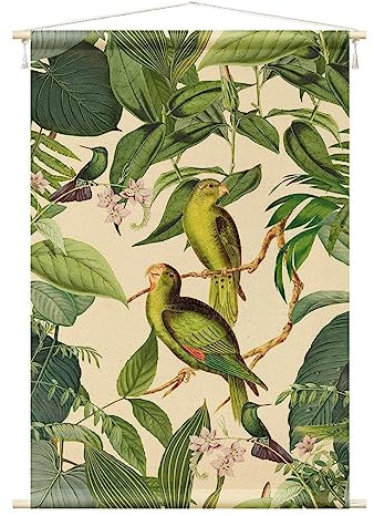 Bilderwelten Wandteppich Vintage Collage - Papageien im Dschungel grün Botanik Holzstäbe Wandbehang XXL 165x110 cm Wandtuch Wandbild Tapisserie