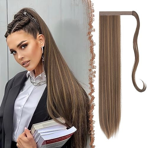 FESHFEN Lang Glattes Pferdeschwanz Haarteil Synthetik Haarverlängerung Zopf Haar Extension für Damen Mädchen, Goldbraun Gemischtes Blond 60 cm