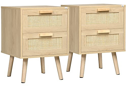 HOMCOM 2er Set Nachttisch, Nachtschrank mit Schublade, Nachtkommode mit Griff, Rattanoptik, Beistelltisch für Schlafzimmer, Wohnzimmer, Natur, 40 x 40 x 56 cm