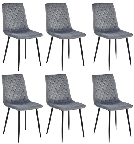 Esszimmerstühle 6er Set Grau – Samt Gepolstert mit Rautensteppung – Metallbeine Schwarz – Inkl. Handwischmopp Geschenk – Modern & Bequem für Küche & Wohnzimmer