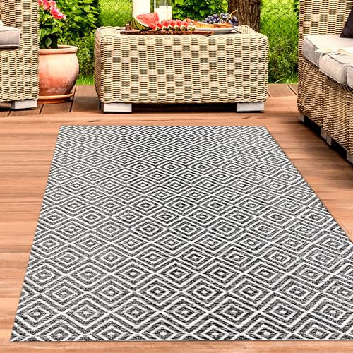 CARPETIA Outdoor Teppich 120 x 170 cm Kunststoff wetterfest wasserfest leicht wendbar Balkon Garten Terrasse Rautenmuster schwarz-weiß