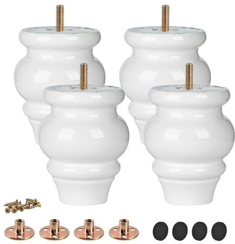 TCHOSUZ Lot de 4 pieds de meubles en bois massif tourné blanc de 9 cm avec boulons de suspension M8 et écrous en T ou rehausseurs pour canapé, armoire, ottomane inclinable