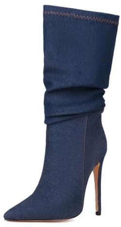 Stivali di Jeans a Spillo con Punta a Punta da Donna, Stivali al Polpaccio Blu lavati Carini alla Moda, Abito da Discoteca Sexy con Tacchi Alti,Dark Blue,37 EU