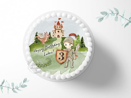 Tortenaufleger Ritter personalisierbar zum Geburtstag, ⌀20cm Zuckerbild, Foto für Torten, Fondant 3012G