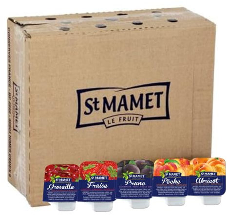 ST MAMET | 150 Barquettes de Confiture de Fraise, Pêche, Abricot, Prune et Gelée de Groseille | Dose individuelle de 25 grammes pour varier les plaisirs au petit déjeuner et au goûter