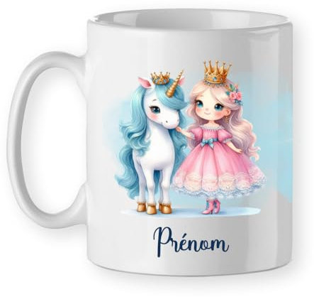 Mug tasse Princesse licorne rose et bleue, avec prénom personnalisable, cadeau fille à offrir mug prénom pour enfant ou maman anniversaire Noël céramique