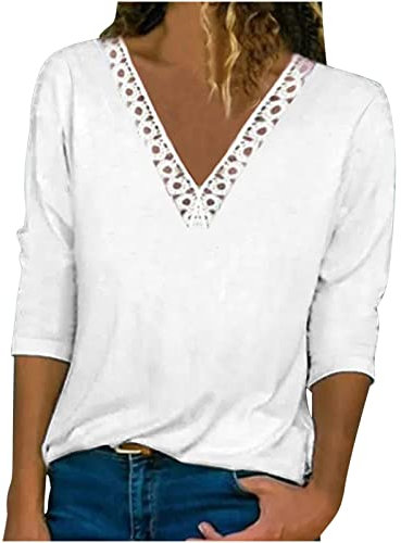 Camisetas Mujer Verano Elegantes,Camisa Blanca Mujer Camisetas Mujer Mangas Larga Camiseta Cuello en Pico con Adorno de Encaje Moda Color Sólido Blusa Ligera Camiseta Primavera Verano