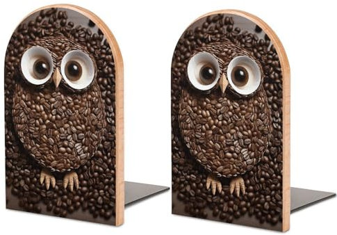 Serre-livres en bois - Imprimé grain de café - Hibou - Serre-livres antidérapant pour étagères - Support pour livres et films - Hêtre - 1 paire