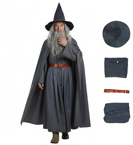 Cuzeolin Erwachsenenkostüm Zauberer Robe Ritter Kapuzenumhang Gürtel Halloween Cosplay Komplettes Set Outfits mit Hut
