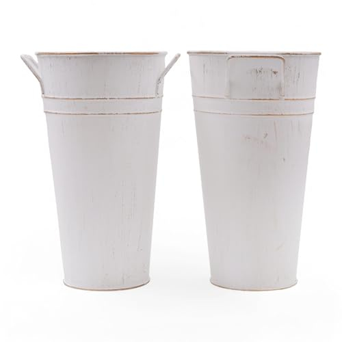 Hosley Set of 2 White Wash Finish Bucket/Pot Vase with PVC Liner 6.25 L x 5 W x 9 H, Ideal Gift for Wedding Home Office Party DIY Indoor Outdoor Garden Patio