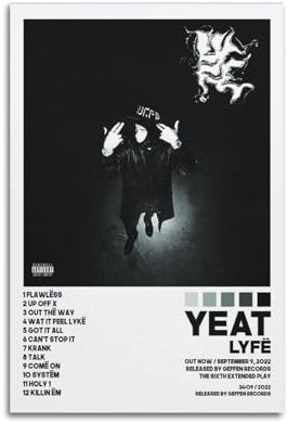 HNYDM Yeat Lyfe Album-Poster, Kunstdekoration, Wandposter, Dekoration, Innenposter, Druck, Dekoration, Bar, Restaurant, Dekoration, Ästhetik, Poster, Wohnzimmer, Poster, 30 x 45 cm, ungerahmter Stil