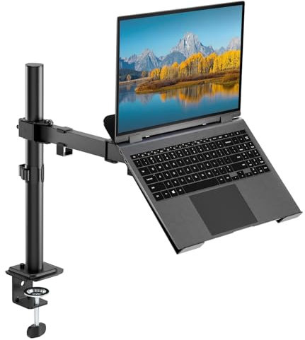 HIPPOFLEX Single Laptop Desk Mount Stand, Fits up to 17 inch Laptops, Monitors up to 32 inches (VESA 75x75mm, 100x100mm, up to 17.6 lbs), Adjustable Height, Cable Management, C-clamp/Grommet Mounting