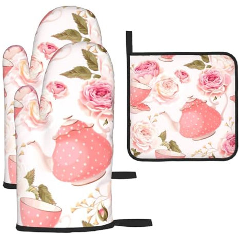 Juego de tazas de té con rosas románticas con estampado desgastado para cocina, manoplas de horno, juego de soportes para ollas, vacaciones de primavera/verano, barbacoa