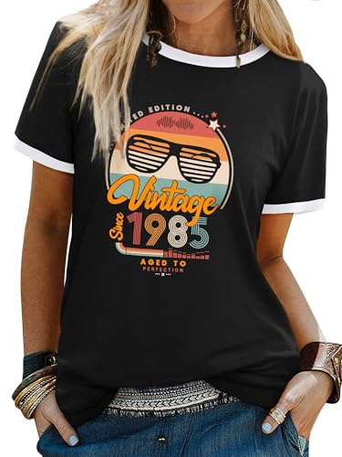 Dresswel Women Vintage 1985 T-Shirt Retro Classic 40 Years Old T Shirts 40th Birthday Gifts Crew Neck Short Sleeve Tee Tops Black