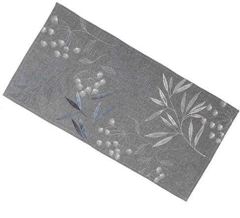 Tischdecke Mitteldecke Tischläufer grau Silber Stickerei Blätter Leinenoptik Verschiedene Größen (40 x 90 cm)